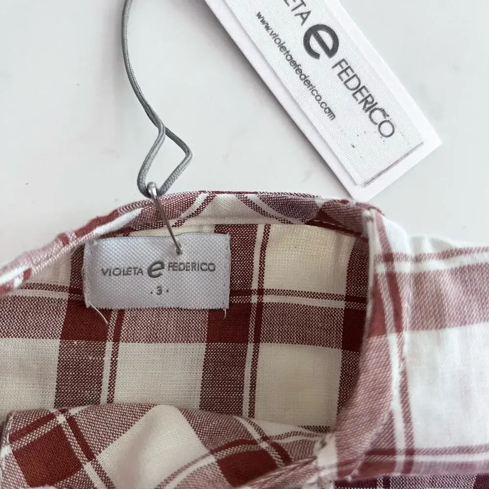Violeta E Federico Boys Brown Plaid Linen Blend Shirt Size 3 NWT European